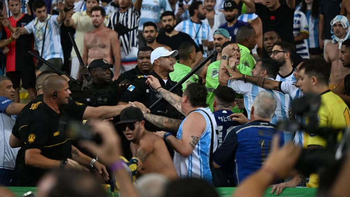 Chaos breaks out during Argentina vs. Brazil as Emi Martinez fights with riot cops.