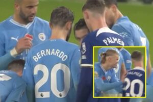 Erling Haaland drives Cole Palmer away as the Chelsea man is recorded shamelessly attempting to tune in to Man City team talk