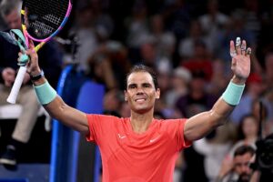 Rafael Nadal gestures to spectators after winning the Brisbane International first round in Brisbane, Australia, January 3, 2024. 