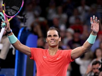 Rafael Nadal gestures to spectators after winning the Brisbane International first round in Brisbane, Australia, January 3, 2024.