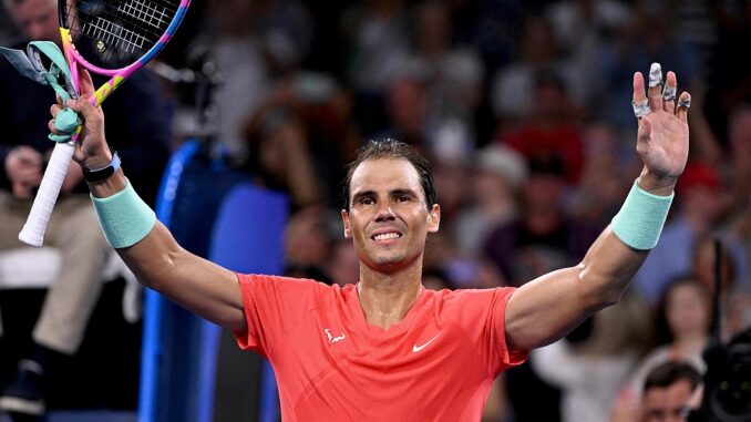 Rafael Nadal gestures to spectators after winning the Brisbane International first round in Brisbane, Australia, January 3, 2024.